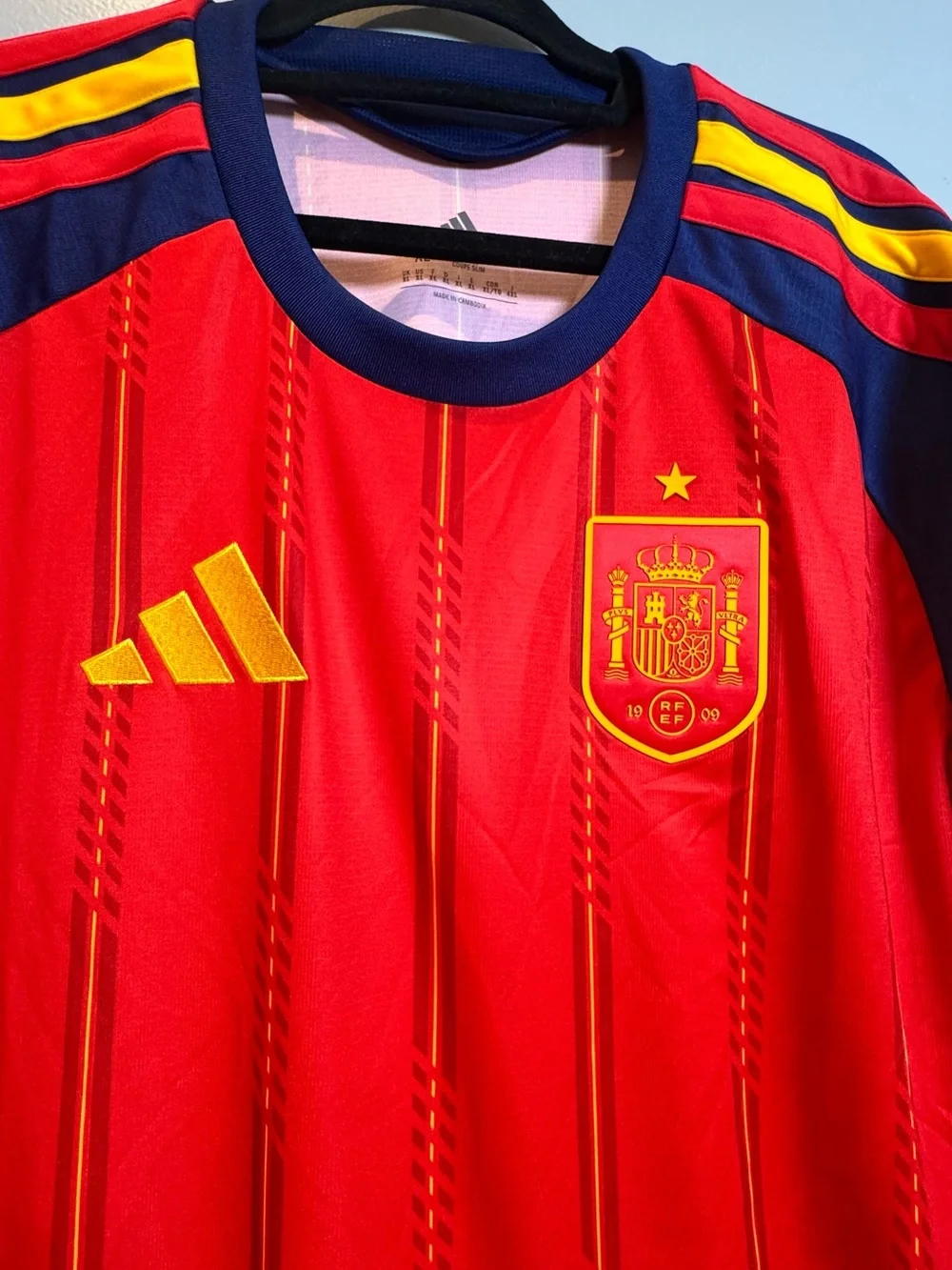 adidas Red and Navy Spain Soccer Jersey with Gold Accents